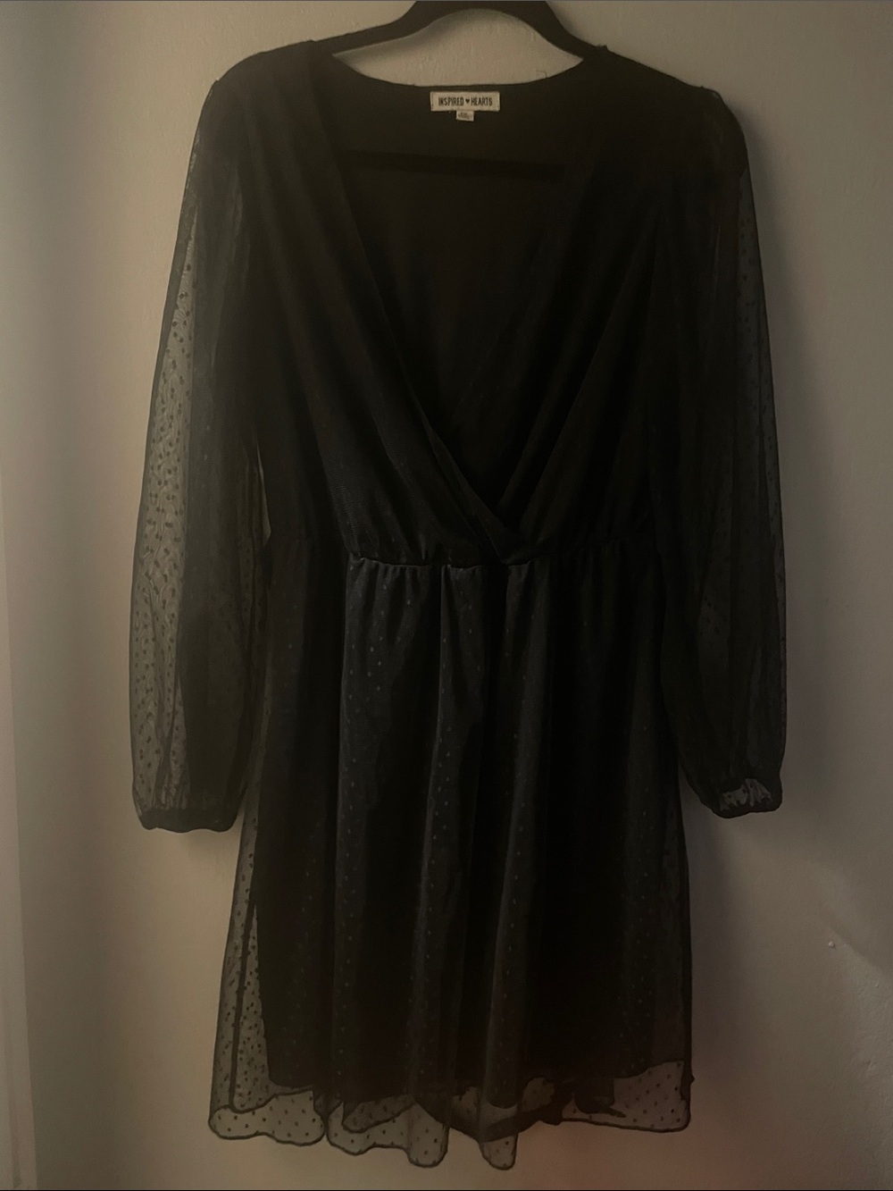 Inspired Hearts Black Long Sleeve Swiss Dot Wrap Dress 1X